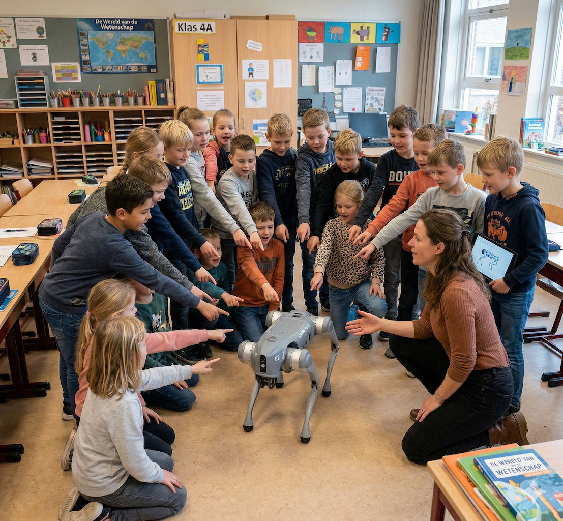 Wij komen tegen een gereduceerd tarief met onze robothonden naar school en in de klas